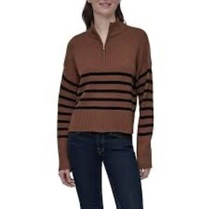 DKNY Womens XXL Brown Striped Quarter Zip‎ Mock Neck Sweater m NWT